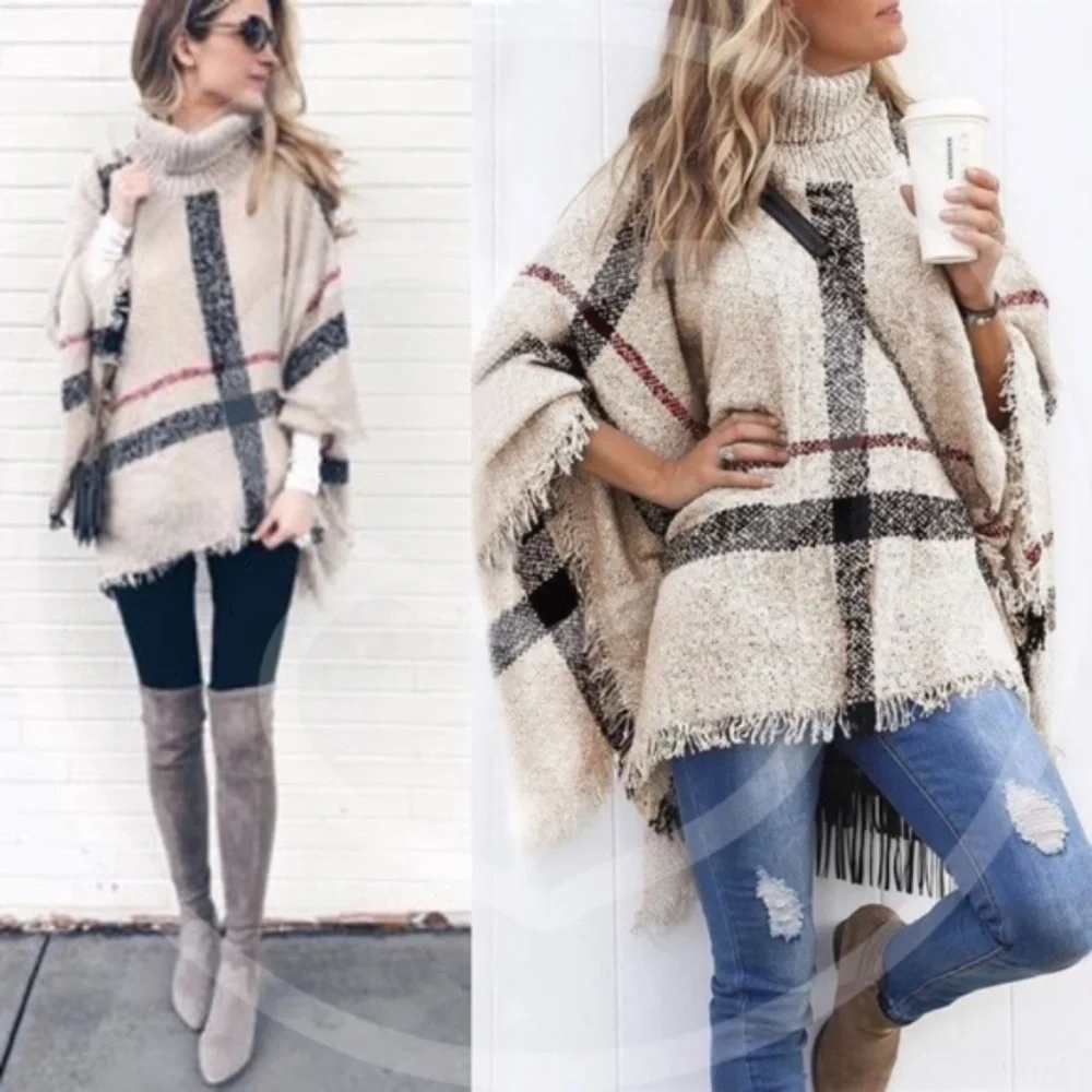 040 Cozy Turtleneck Plaid Frayed Hem Poncho - Picture 10 of 16